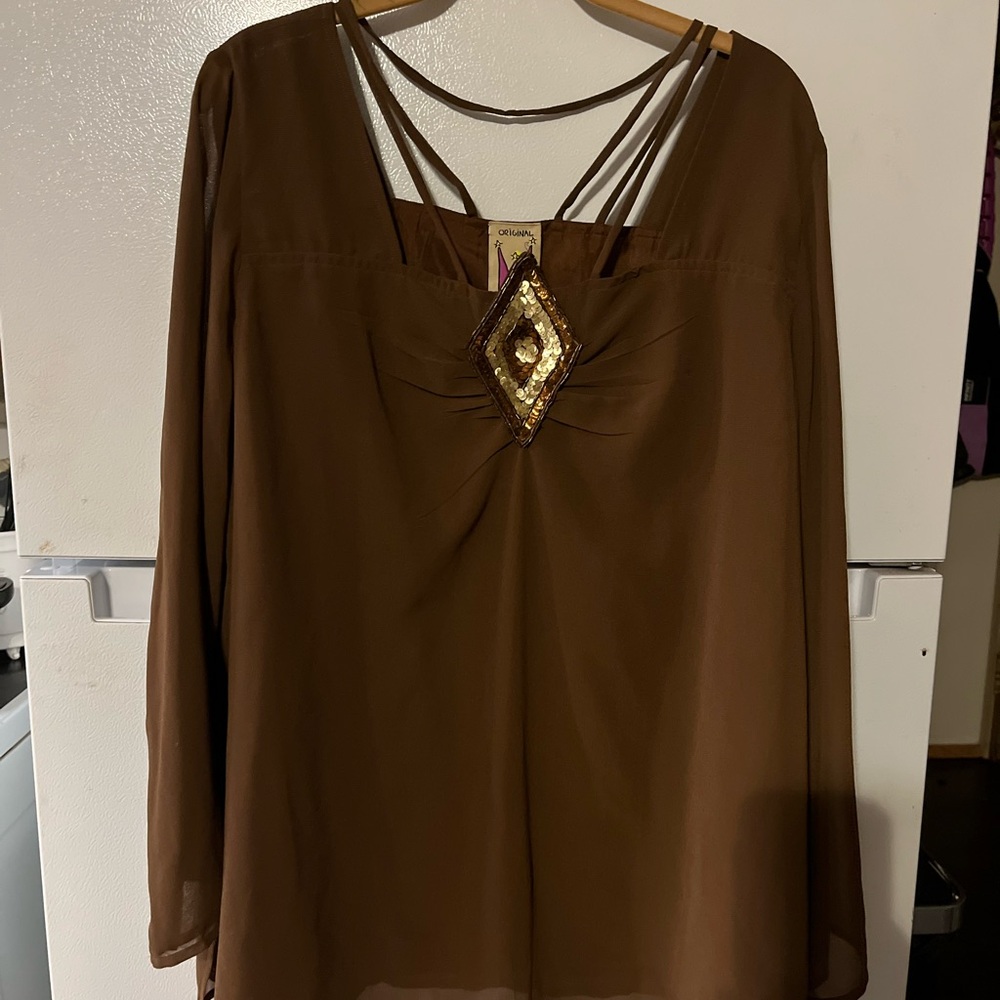Elegant Brown Blouse with Gold Sequin‎ Detail